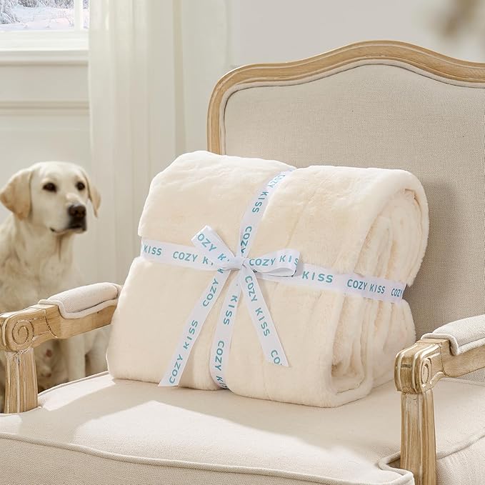 Luxury Faux Fur Throw Blanket for Couch, Ultra Soft Waterproof Pet Blanket, Cozy Warm Plush Blanket for Sofa Bedroom Living Room, Liquid Pee Proof for Large Dog or Cat, 50x60 inch, Cream