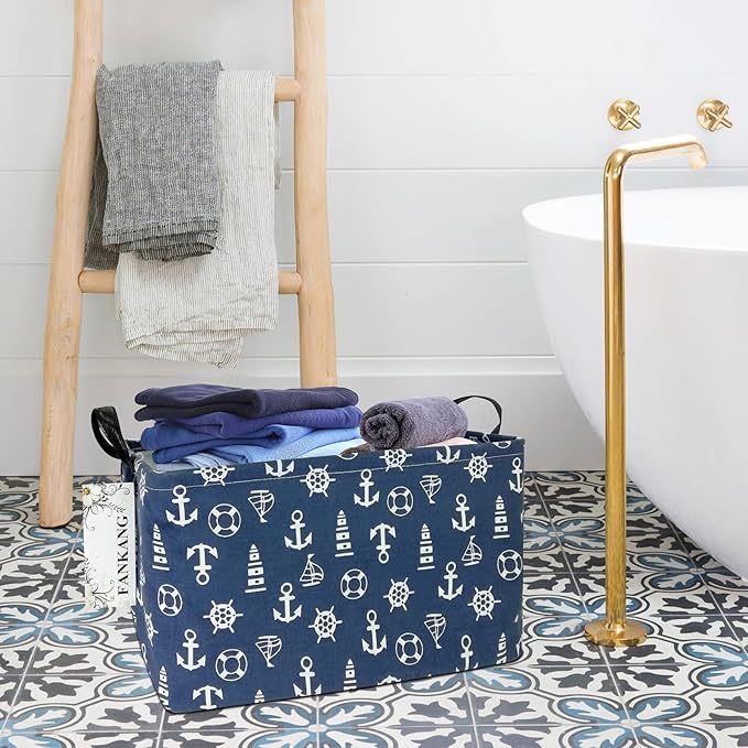 FANKANG Storage Basket,Nursery Hamper Canvas Laundry Basket Foldable with Waterproof PE Coating Storage, Office, Bedroom, Clothes,Toys (Rec-Sailboat)