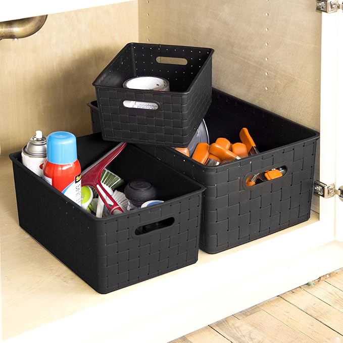 BINO Plastic Basket, Medium - Black, 4 Pack, The Stable Collection, Multi-Use Storage Basket, Rectangular Cabinet Organizer, Home & Office Storage Organizer, Baskets for Bathroom Organizing