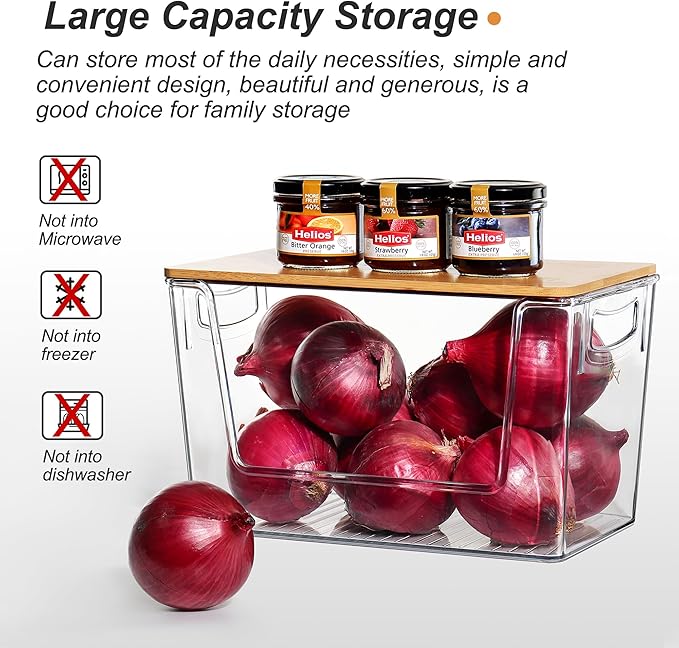 Pantry Organizers Storage, 2 Pack Under Sink Organizer Trash Bag Holder with Bamboo Lids Large Capacity Clear Storage Bins for Onion, Potato, Garlic, Canned Food Kitchen Countertop Organizer