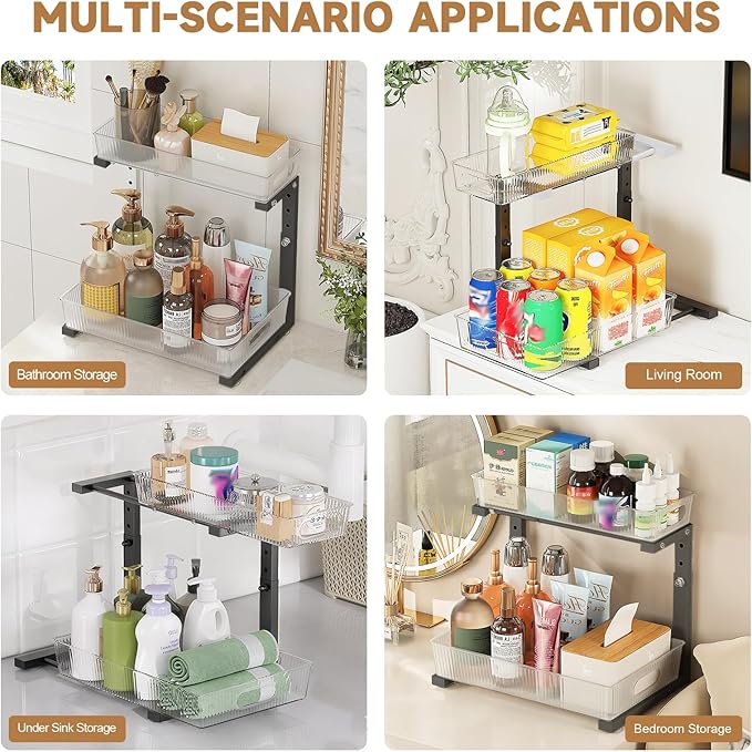 ETOYA Under Sink Organizer 2 Pack Pull Out Bathroom Cabinet Countertop Organizer 2 Tier Slide Out Kitchen Organizers and Storage Bathroom & Laundry Under Under Sink Shelf-Black