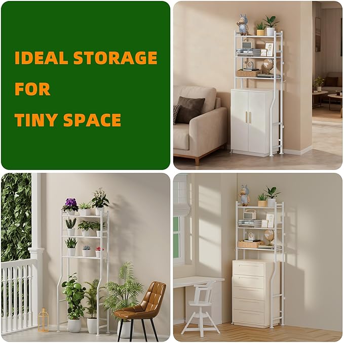3-Tier Over The Toilet Storage, Space Saver Metal Bathroom Shelves, Freestanding Above Over Toilet Storage Shelf with 4 Hooks for Bathroom, White