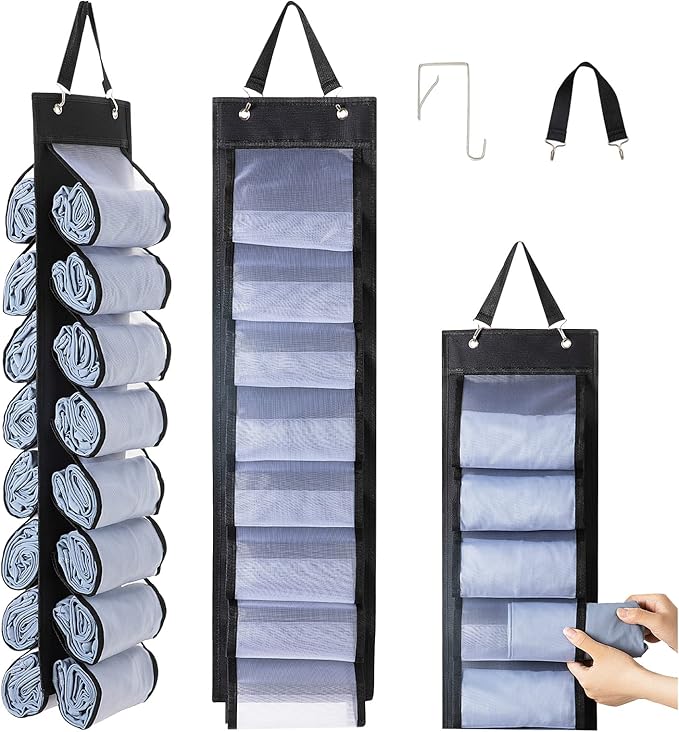 Legging Organizer Storage, T-Shirt Organizer, Foldable Hanging Closet Organizer, Hanging Clothes Organizer with 16 Roll Compartments for Yoga Clothes, Shirt (Black)