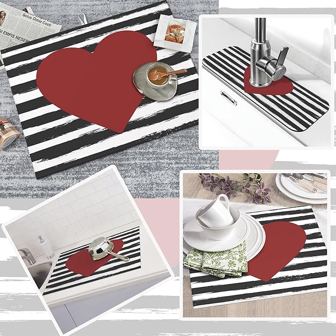 Set of 3 Red Heart Dish Drying Mat & Kitchen Sink Splash Guard Faucet Mat For Kitchen Counter Valentine's Day Absorbent Microfiber Dishes Pad Dish Drainer Rack Mats Fast Dry Kitchen Accessories