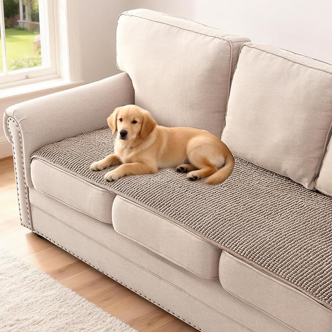 H.VERSAILTEX Plush Chenille Couch Cover for 3 Cushion Couch Anti Slip Washable Sofa Slipcovers Soft and Durable Furniture Protector for Dogs Cats Kids (27.5" x 59", Cuban Sand)