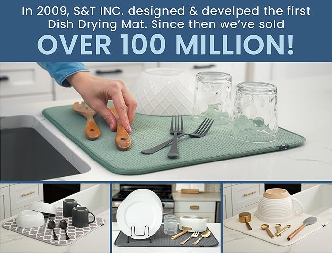 S&T INC. Dish Drying Mat, 16” x 18”, Absorbent Microfiber Kitchen Counter Mat, Dish Drying Pad for Dishes, Utensils, Pots and Pans, Large, Cream