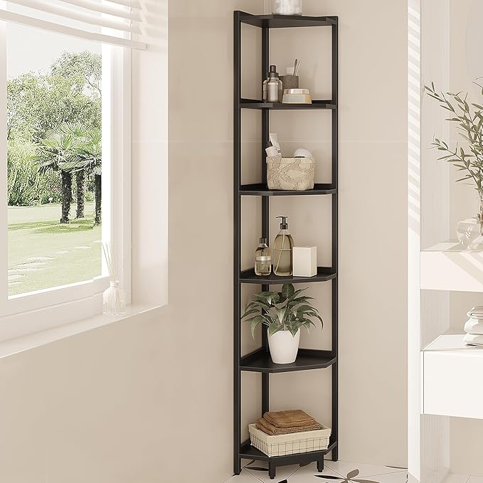 Corner Shelf Stand, Corner Bookshelf, Storage Standing Shelf Unit with Metal Frame, Plant Stand, Bookcase for Living Room, Home Office, Bedroom, 6-Tier Black CS06006B