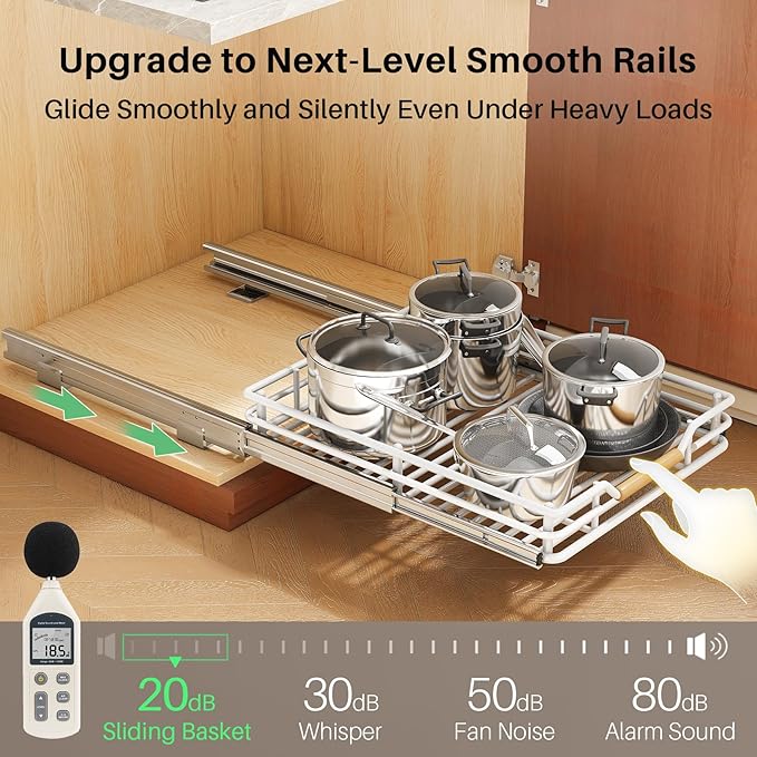 Pull out Cabinet Organizer, 18"W X 21"D, Heavy Duty Smooth Sliding Under Cabinet Shelves for Pots and Pans, Full-Extension Roll out Drawers, Slide out Organization for Home Kitchen Pantry, White
