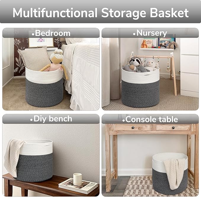 Goodpick Large Cotton Rope Basket, Blanket Basket Living Room 15.8"x15.8"x13.8" Baby Toy Storage, Woven Storage, Gray