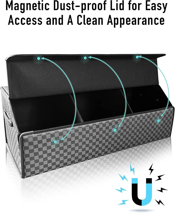 Trunk Organizer for SUV - Leather Storage Box, Extra Large, Magnetic Lid, Collapsible and Adjustable Car Organizer