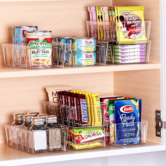 Puricon 4 Pack Pantry Organization and Storage Bins for Kitchen Fridge Countertop Cabinet, Stackable Clear Plastic Storage Racks with Removable Dividers, 5 Compartments for Snacks Packets Spices