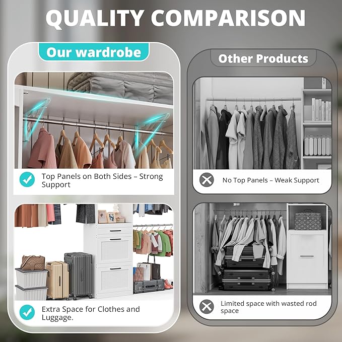 Walk in Closet Organizer System - with Drawers, 8FT Walk in Closets Organizer with Jewelry Box, 96” Wooden Storage Systems with 3 Hanging Pods, Built-in Garment Rack for Bedroom