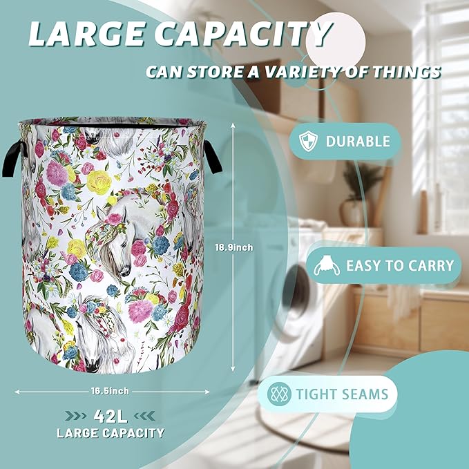 Beautiful Horse Laundry Basket Colorful Floral Animal Laundry Hamper Foldable Oxford Cloth Funny Tote Bag Clothes Toy Storage Bucket For Bathroom/Laundry Storage/Bedroom 18.9 x 16.5 Inch