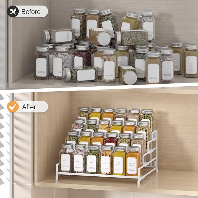 4-Tier-Spice-Rack-Organizer-for-Cabinet, Adjustable Depth Spice Holder Shelf For Countertop Pantry Cupboard, Metal Tiered Seasoning Organizer,Display Shelf Riser (White-2 Pack)