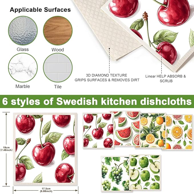 6 Pack Swedish Dishcloths for Kitchen - Reusable Dish Paper Towels Cloths Washable,Absorbent Cellulose Cleaning Sponge Cloth Wipes Quick Dry, Decorative Tea Towels,No Odor Biodegradable(Fruit)