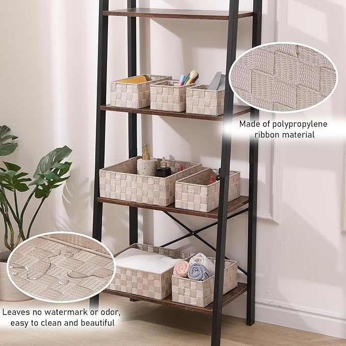 Storage Bins Woven Organizer Set of 7 – Polypropylene Storage Baskets with Metal Frame, Stackable Fabric Boxes for Drawers, Closet, Shelf, Nursery and Office, Beige