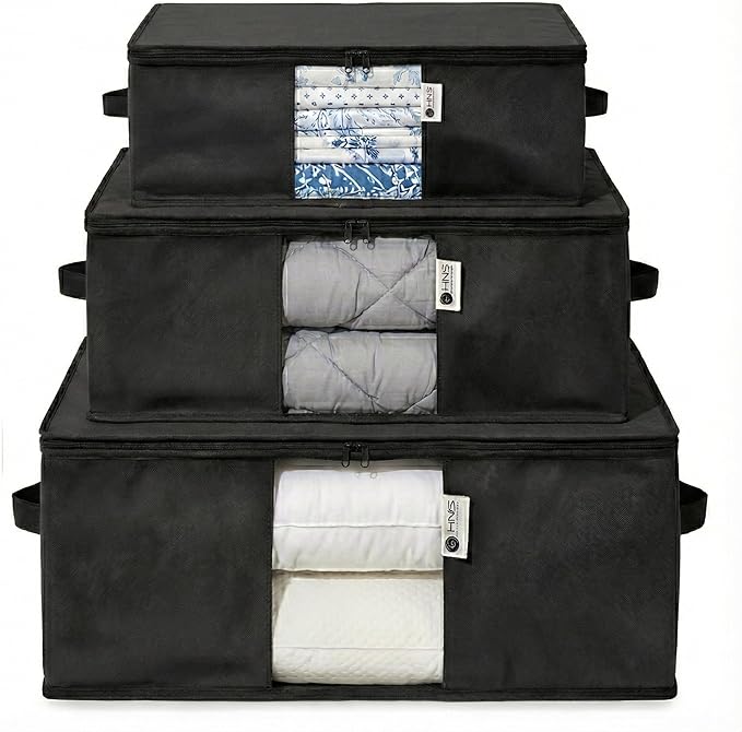 Cedar Storage Bag Organizer for Bedding Set - Protects from Moths, Moisture, Dirt & Dust - Set of 3 Storage Bags for Bed Sheets, Comforter, Pillows & More - Space-Saving Bedding Organizer, Black