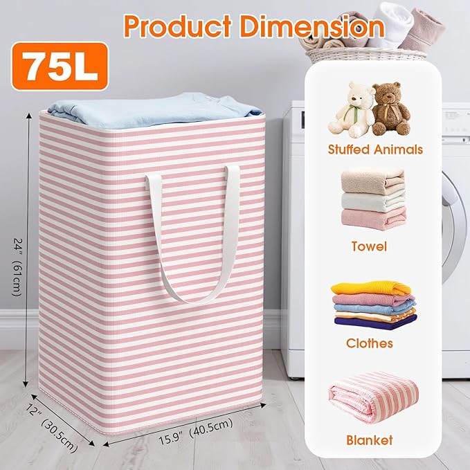 3 Pack Large Laundry Basket,Waterproof & Freestanding Laundry Hamper,Collapsible Clothes Hampers with Easy Carry Long & Reinforced Handles in Bathroom,College Dorm(75Lx3,Pink)
