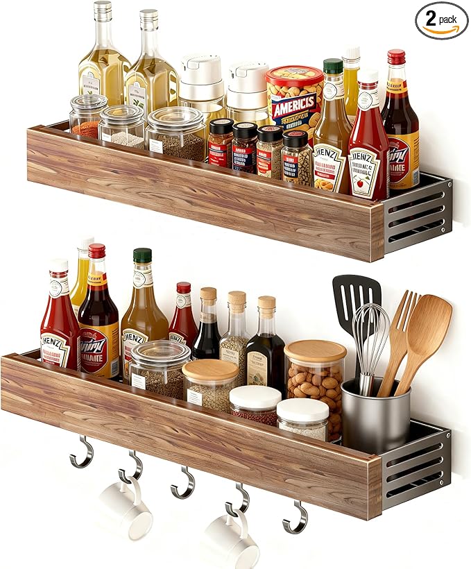 spice rack wood kitchen spice rack wall mounted adjustable adhesive or screw, hung on the door and wall, black large rack for storing items in refrigerators and ovens
