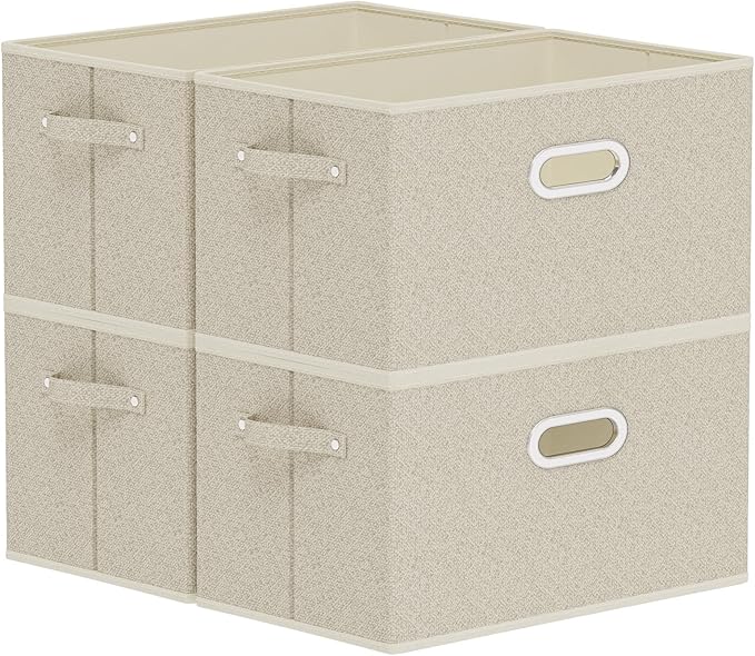 Open Storage Baskets, Collapsible Cube Bins, Fabric Container Organizer with Metal Handles, Boxes for Shelves, Closet, Living Room, 15x9.8x9.8in, Grey and Beige, 4 Pack