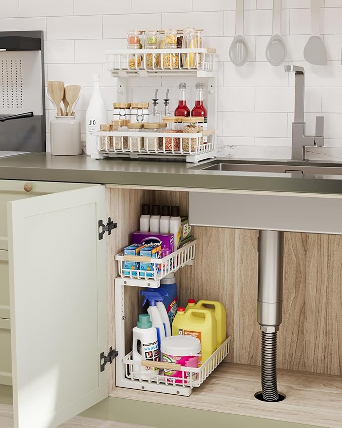Under Sink Organizer Storage for Families: Pull Out Storage Undersink Organizers Drawer Cabinet - Sliding 2 Tier Rack Metal Organization Under Counter Kitchen Bathroom for Homemakers(White,2 Pack)