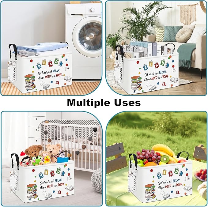 FANKANG Storage Bins, Nursery Hamper Canvas Laundry Basket Foldable with Waterproof PE Coating Large Storage Baskets for Kids Boys and Girls, Office, Bedroom, Clothes,Toys(Rec-Reading ）