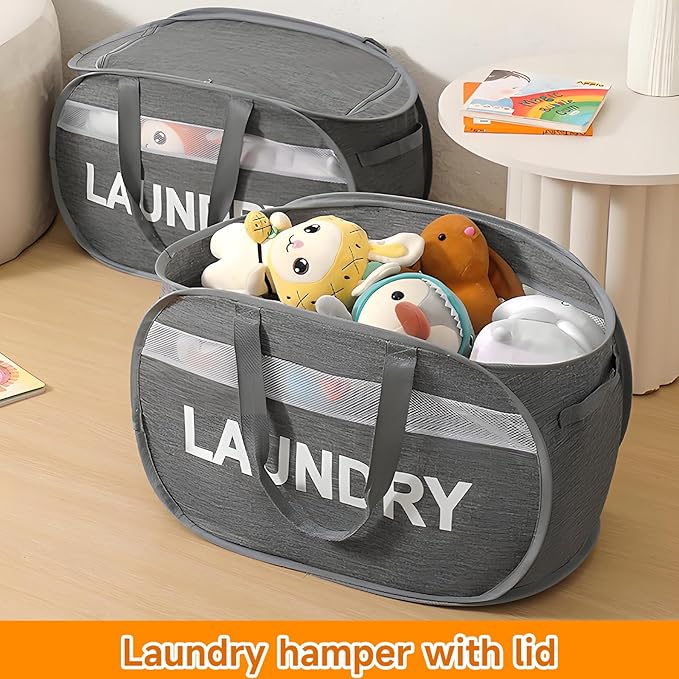 Tsmallbear Foldable Laundry Basket with Lid, Oxford Cloth Reinforced Steel Ring Collapsible laundry hamper, 70L Breathable Mesh Dirty clothes hamper with Dual Handles for Home, Dorm, Apartment