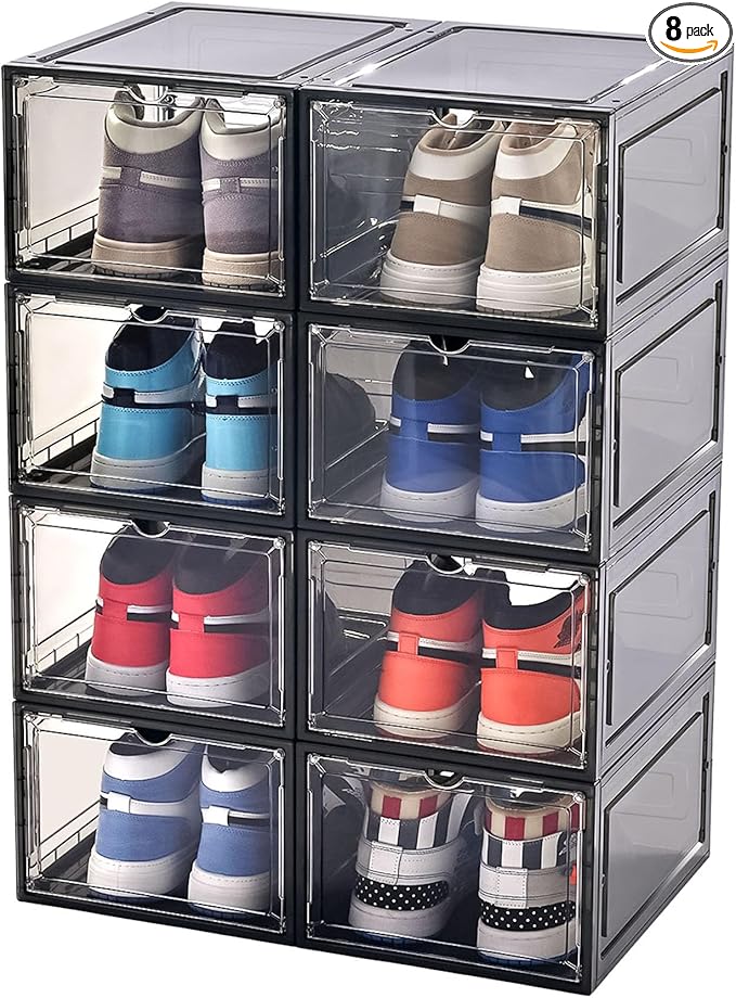 KEFA XL Shoe Storage Box, 8 PACK Shoe Boxes Clear Plastc Stackable Organizer, Clear Plastic Shoe Boxes Fit for US 15 (8 PACK BLACK)