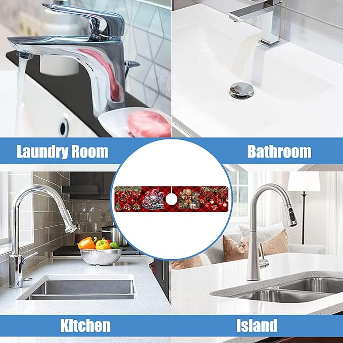 Chrismas Sink Splash Guard Faucet Mat Cute Christmas Absorbent Fast Drying Mat Sink Gadgets Splash Guard Behind Faucet Drip Catcher for Kitchen Bathroom 23.5"X5.5"