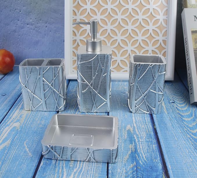 Hymmah Silver Bathroom Accessories Set,Toothbrush Holder,Farmhouse Bathroom Decor,4 Pcs Resin Gift Set Apartment Necessities, Contain Toothbrush Cup,Soap Dispenser,Soap Dish,Tumbler