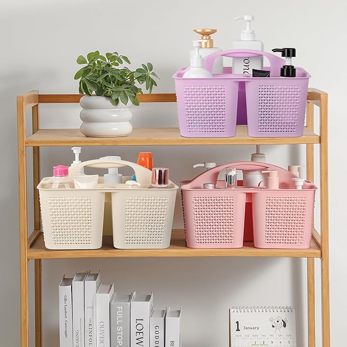 UUJOLY Plastic Portable Shower Caddy Basket Bucket, Cleaning Shower Basket with Handle Compartments Storage Basket Organizer for Bathroom Kitchen College Dorm Sink, Light Purple
