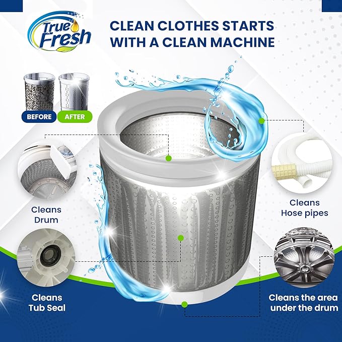 True Fresh Washing Machine Cleaner Tablets 25 Pack for Front Load, Top Loader & HE Washers, Eliminates Odor, Limescale & Grime, Deep Cleans Inside Drum Pump, Valve & Hoses – Septic Safe, 1-Year Supply
