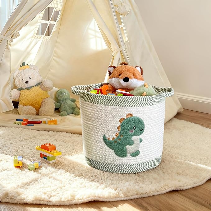 Toy Storage Basket(12"x12"), blanket basket, Cotton Rope Woven Laundry Hamper with Cute Embroidered Dinosaur for Nursery, Living Room, Laundry (Dinosaur)