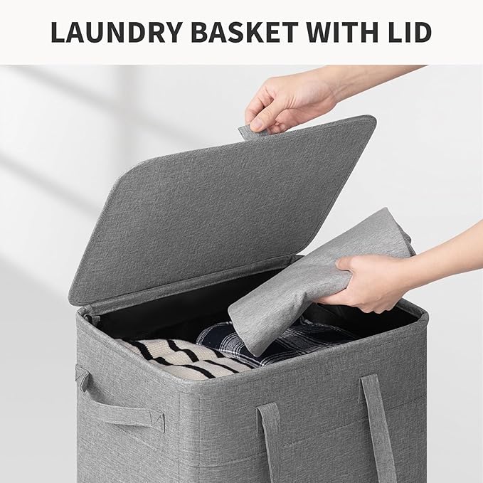 Goodpick Laundry Basket with Wheels and Lid, 100L Collapsible Basket with Removable Wash Bag, Extra Large Rolling Laundry Hamper for Dirty Clothes Blankets, Light Grey, 17.2" x 13.2" x 32"