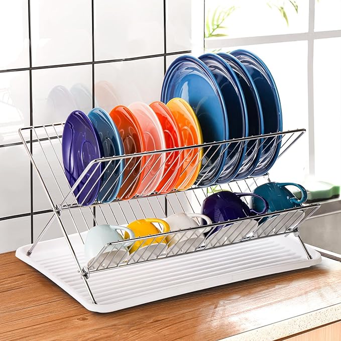 Youeon Foldable Dish Drying Rack with Drip Tray, Stainless Steel 2 Tier Dish Drainer Rack, Collapsible Dish Drainer, Folding Dish Rack for Kitchen Sink, Countertop, Cutlery, Plates, Dishes