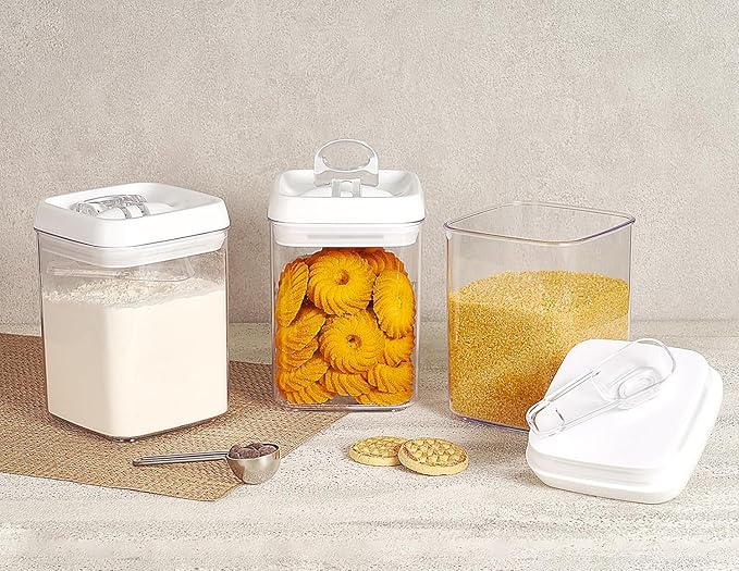 Felli Flip Tite Storage Container with Built-In Spoon & Airtight Lid 5” Large-M Ring Flip Top, Stackable Acrylic Canister for Sugar Flour Powder, Kitchen Pantry Organizer (1.8qt) - 2 spoons only