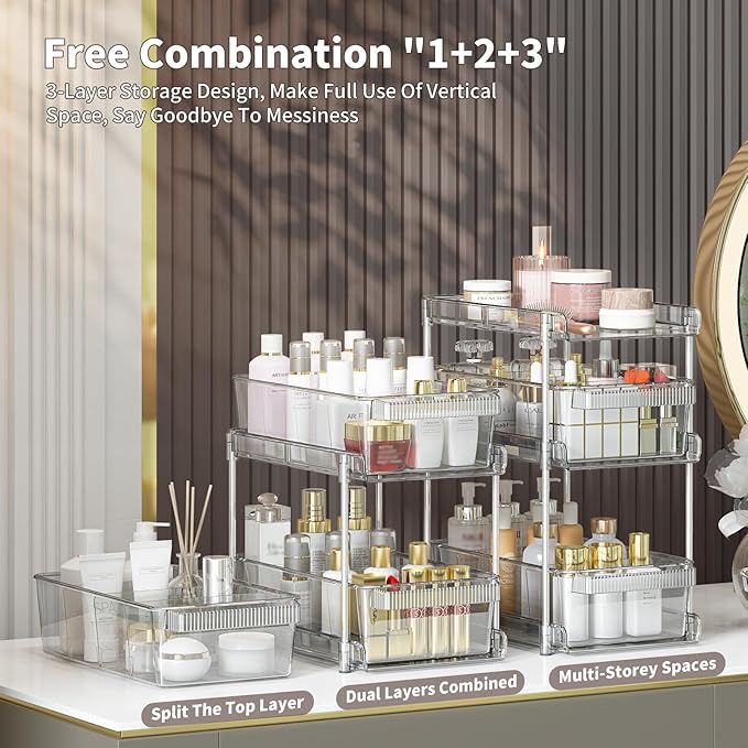 Clear Bathroom Organizers 2 Sets 3 Tier, Pull Out Organizer and Storage with 2 Cups, Slide Out Drawer Storage Container with 6 Dividers, Multi-Purpose Bathroom Organizer, Kitchen Under Sink Organizer