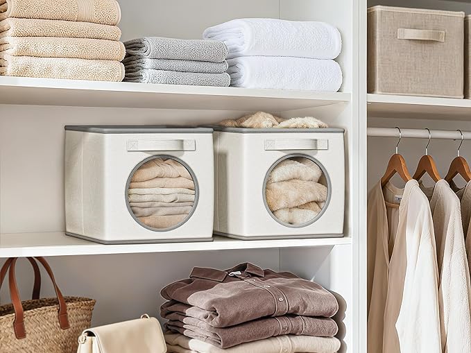 Vailando Foldable Fabric Storage Bins with Round Window - 4 Pack 11"x11"x11" Collapsible Cube Storage Organizer for Clothes, Shelves, Offices, Toys & Misc, White & Ivory