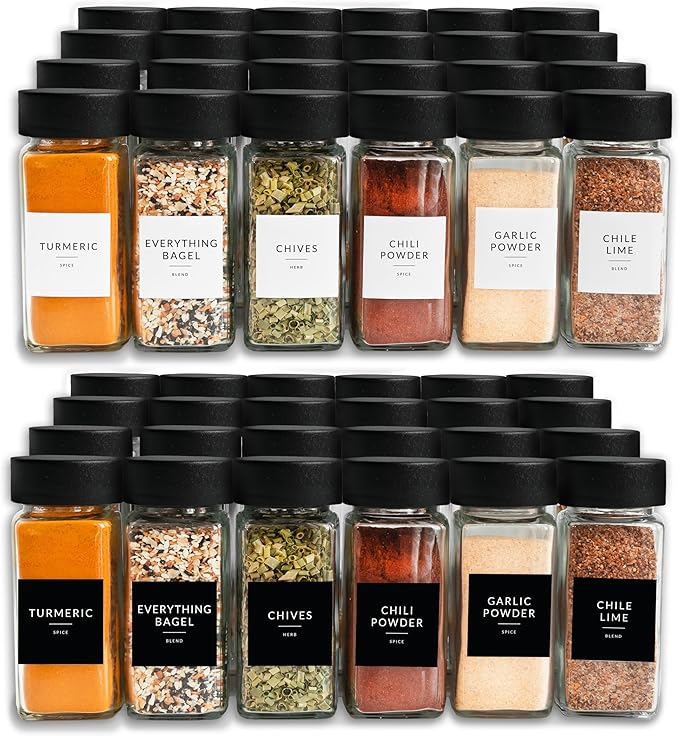 SAVVY & SORTED Glass Spice Jars with Label 24 PK - 4 Oz Spice Containers with 374 Minimalist Preprinted Labels Stickers, Pepper Grinder Funnel Shaker Lids, Empty Seasoning Containers Bottles