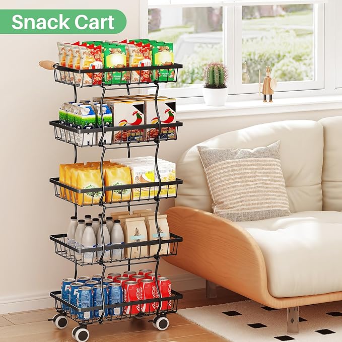 SAYZH Fruit Basket Kitchen Pantry Organizers and Storage - 5 Tier Stackable Metal Wire Basket Stand for Fruit Vegetable Snacks Jars Bins Containers Organization, Black