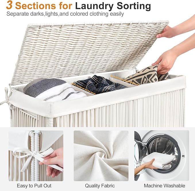 WOWLIVE Laundry Hamper with Wheels, 160L Handwoven Rolling Laundry Basket 3 Section with Lid, Clothes Hamper with 3 Removable Liner Bags, Large Laundry Sorter Laundry Room Organization, Creamy White