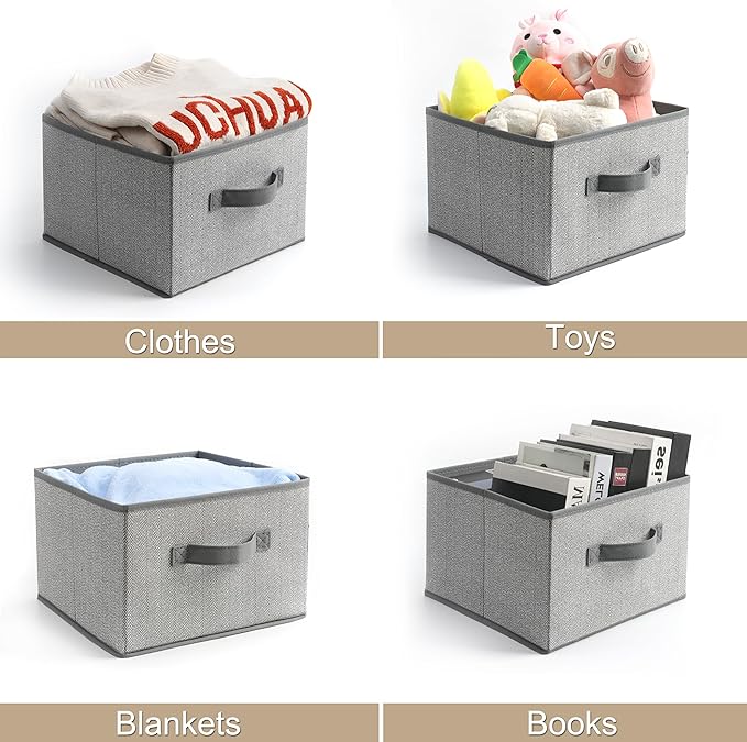 11 inch Storage Baskets, Woven Fabric Bins, Storage Cubes with Reinforced Handles, Organizer Bins for Closet Shelves, Foldable, for Clothes (Gray, 4PCS/11*11*7.8inch)