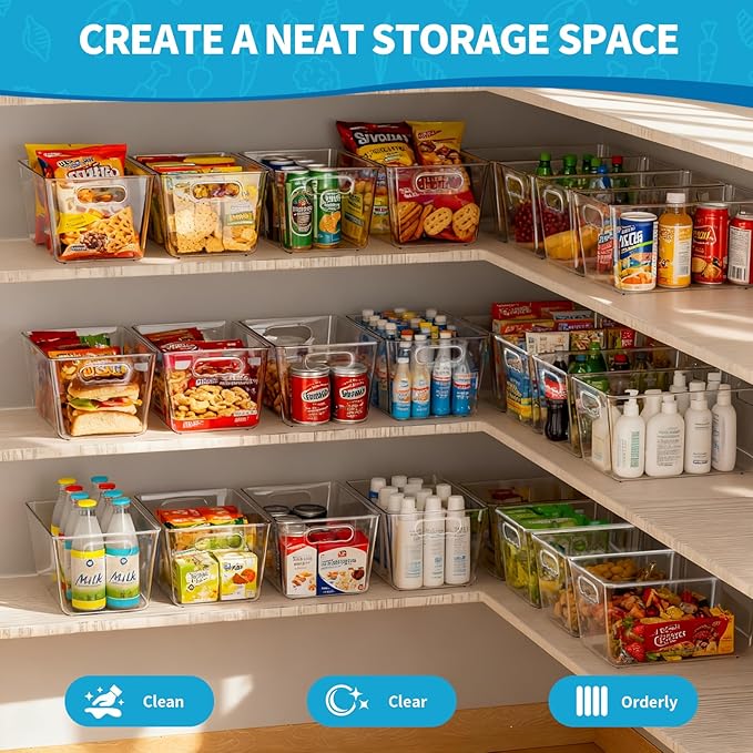 KJIXYUNG Clear Plastic Storage Bins, 4-Pack Stackable Pantry Organizers and Storage Containers for Kitchen, Fridge, Cabinet and Closet Organization - Home Essentials
