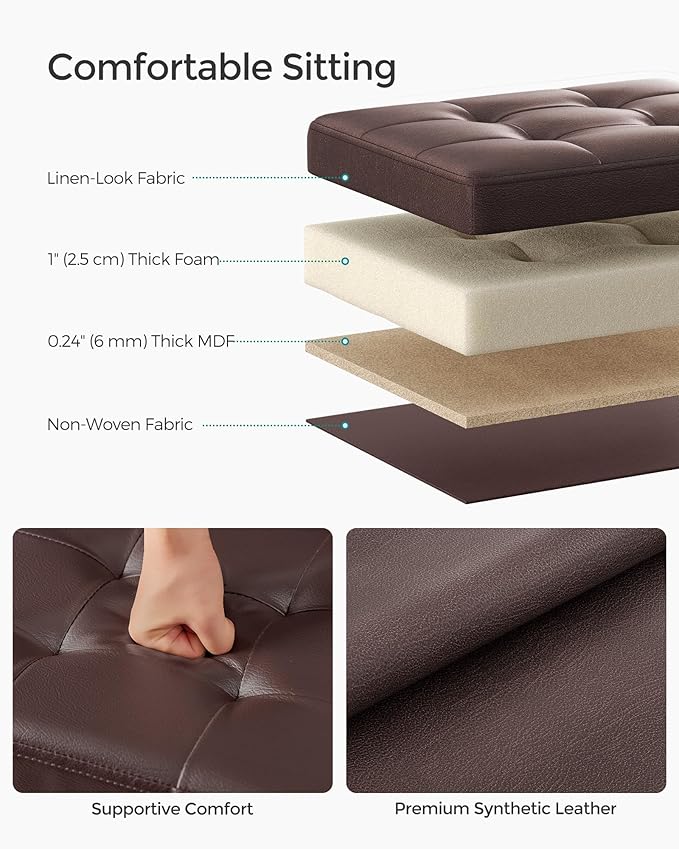 SONGMICS Small Folding Storage Ottoman, Foot Rest Stool, Cube Footrest, Synthetic Leather, 12.2 x 16.1 x 12.2 Inches, 286 lb Capacity, for Living Room, Bedroom, Dorm, Chestnut Brown ULSF100K02