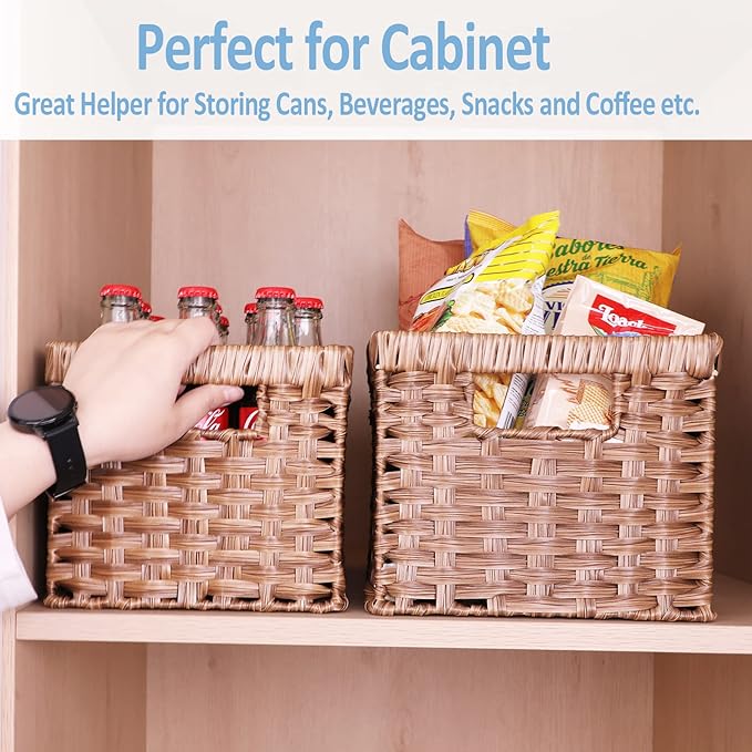 Wicker Baskets 2 Pack, Rectangular Wicker Storage Basket with Handles, Waterproof Plastic Large Baskets for Organizing, Nesting Hand-Woven Storage Baskets for Pantry Storage