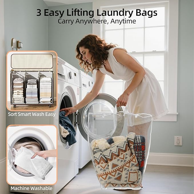 Yecaye 180L Laundry Basket With Lid and Removable 3 Bags, Large Rolling Laundry Hamper with Lid, 3 Section Rolling Clothes Storage With Wheels, Clothes Hamper with Wheels For Laundry Room, Beige