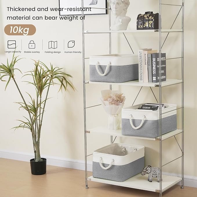Large Storage Baskets- 15.7x11.8x8.26 inch Storage Bins for Shelves and Closet Organizing, Foldable Fabric Bin for Home Organization Clothes and Laundry (3-Pack, White&Grey)