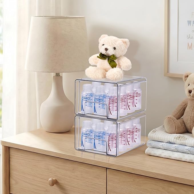Sorbus Large Clear Stackable Storage Drawers 4-Pack Plastic Organizer Bins with Handles Pull-Out Drawers for Bathroom Closet, Medicine, Cabinet, Pantry Storage, Baby Bottle Organizer