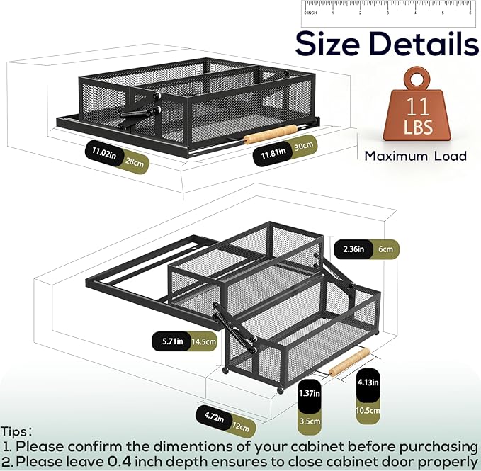 HOUSE AGAIN 2 Tier Pull Out&Down Cabinet Organizer, Drop Down Spice Rack Shelf Easy Reach for Upper Kitchen Cabinet, Slide Out Storage Basket Drawer with Handle for Pantry/Cupboard/Office, 2 Fix Mode