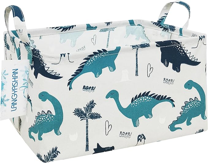 LANGYASHAN Rectangular Storage Bin Collapse Canvas Fabric Cartoon Storage Basket with Handles for Organizing Home Kitchen Boys and Girls Toys Office Closet Shelf Baskets (Rec green dinosaur)
